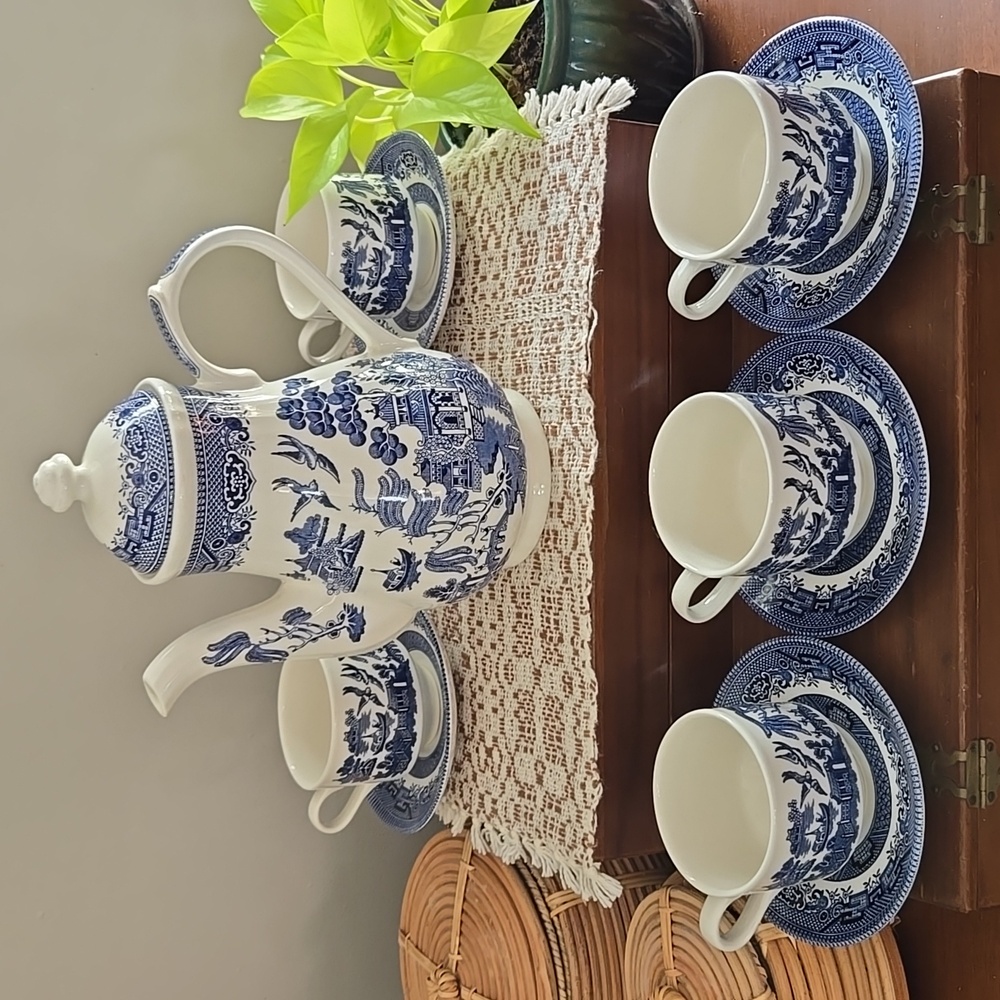 Churchill Blue Willow Teapot + Teacups + Plates